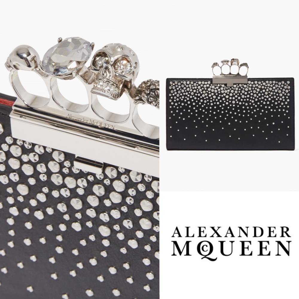 Alexander McQueen Knuckle Skull  Black Leather Studded 4 Ring Clutch